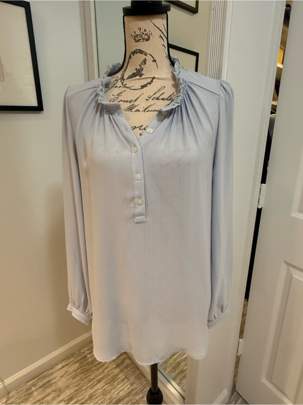 LOFT Pale Blue Long-Sleeve Ruffle Collar Blouse